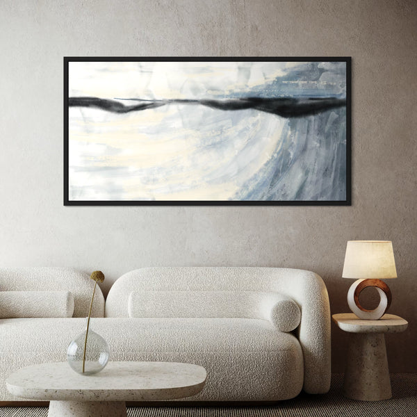 Large Abstract Canvas Wall Art Paired with Cream Boucle Chairs, Stone Marble Center Table, Minimalist Circular Lamp in a Modern Luxe Interior.
