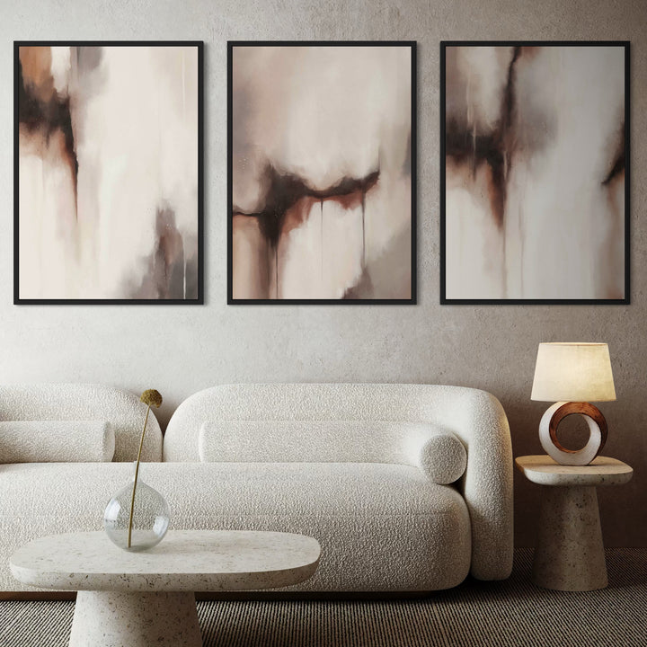 Modern Abstract Wall Art Styled With A Curved Bouclé Sofa, Stone Pedestal Coffee Table, Glass Vase With Single Stem, And A Sculptural Ring Table Lamp On A Stone Side Table. Perfect For A Minimalist Living Room