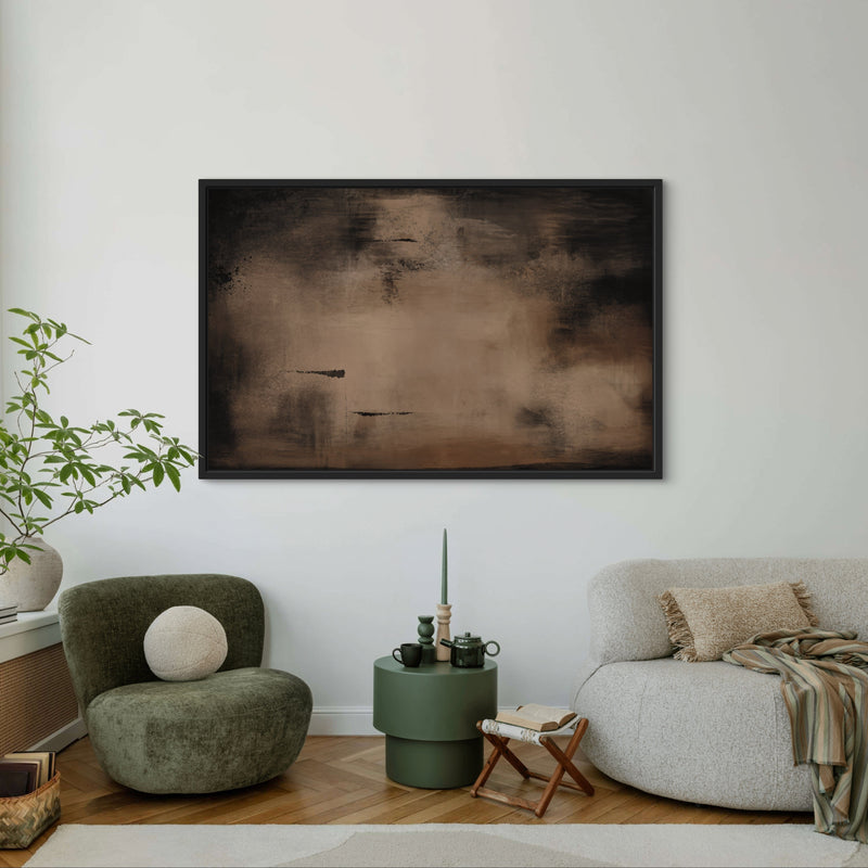 Minimalist Modern Framed Canvas Wall Art – Living Room Decor with White Sofa, Green Sofa, and Small Green Center Table
