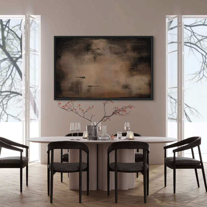 Minimalist Modern Framed Canvas Wall Art – Dining Room Decor with White Table, Six Dark Chairs, and Decorative Glasses