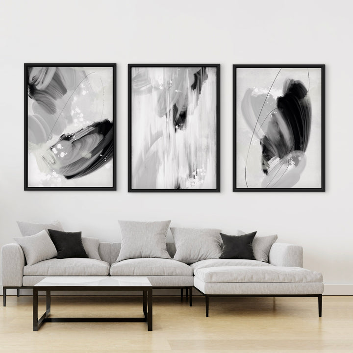 Set of 3 Framed Canvas - Monaco abstract wall art in sophisticated neutral tones - hand-stretched wall art by HD London Art