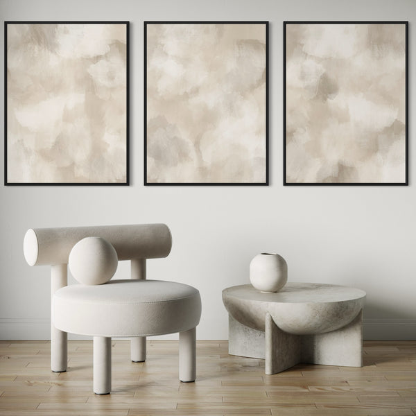 Classy Neutral Framed Canvas Abstract Wall Art Prints in Sculptural Minimalist Space with Modern Accent Chair and Stone-Inspired Coffee Table