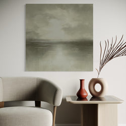 Modern Classy Abstract Art Canvas - Styled a Dirty White Curved Chair with Cream Glass Side Table and Sculptural Vases, Perfect for Cozy, Contemporary Interiors.