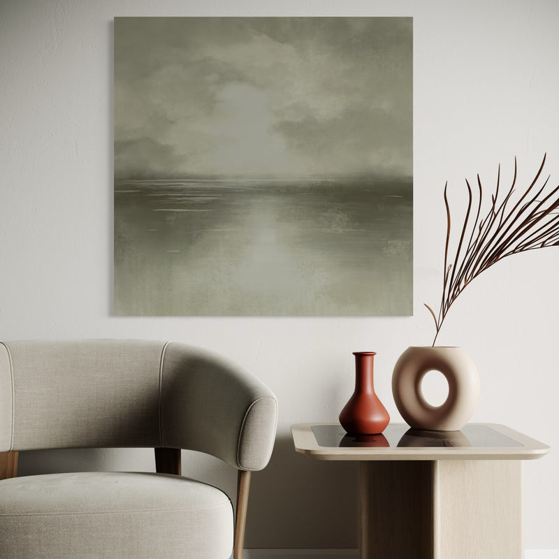 Modern Classy Abstract Art Canvas - Styled a Dirty White Curved Chair with Cream Glass Side Table and Sculptural Vases, Perfect for Cozy, Contemporary Interiors.