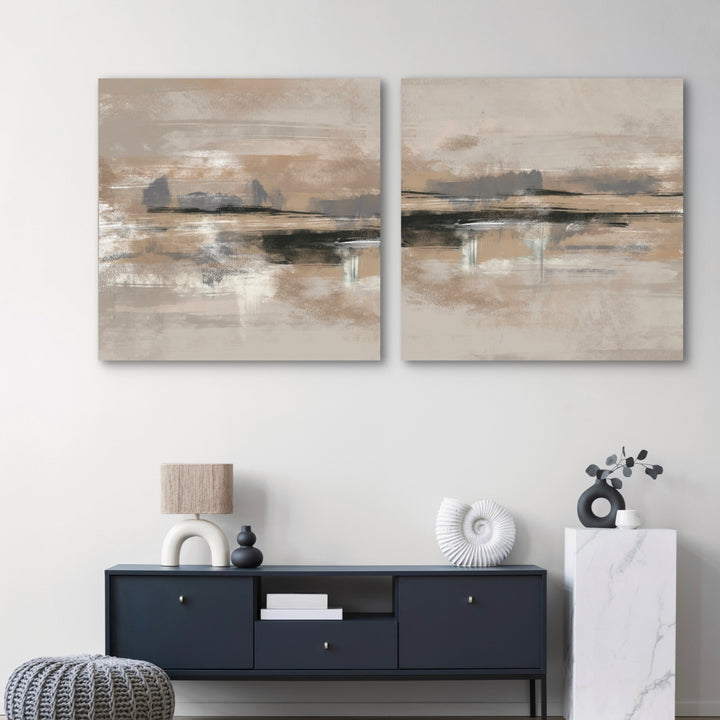 Minimalist Abstract Wall Decor Styled with Navy Console Sideboard, Linen-Shade Arch Table Lamp, Small Black Vase, White Shell Sculpture, Marble Pedestal, Gray Knit Pouf. Perfect for Contemporary Entryway or Living Room.