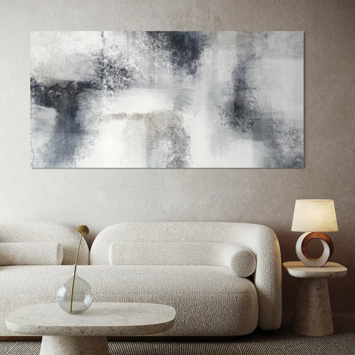 Large Minimalist Abstract Canvas Wall Art in Cozy Living Room - Styled With Elegant Cream Boucle Sofa, Stone Round Table and Modern Circular Lamp 