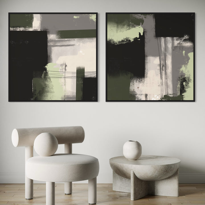 Classy Framed Canvas Abstract Wall Art Prints in Sculptural Minimalist Space with Modern Accent Chair and Stone-Inspired Coffee Table