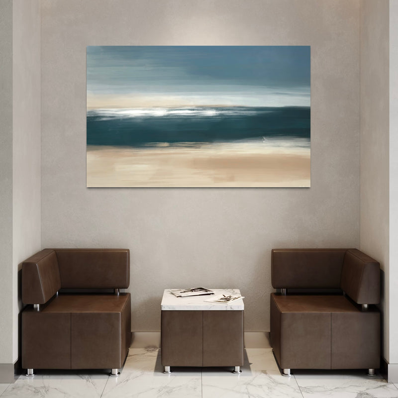 Abstract Wall Art in Modern Minimalist Sitting Area with Dark Brown Curved Boucle Accent Chairs, Wooden Side Table, and Neutral Wall. Best in Contemporary Interior Decor.