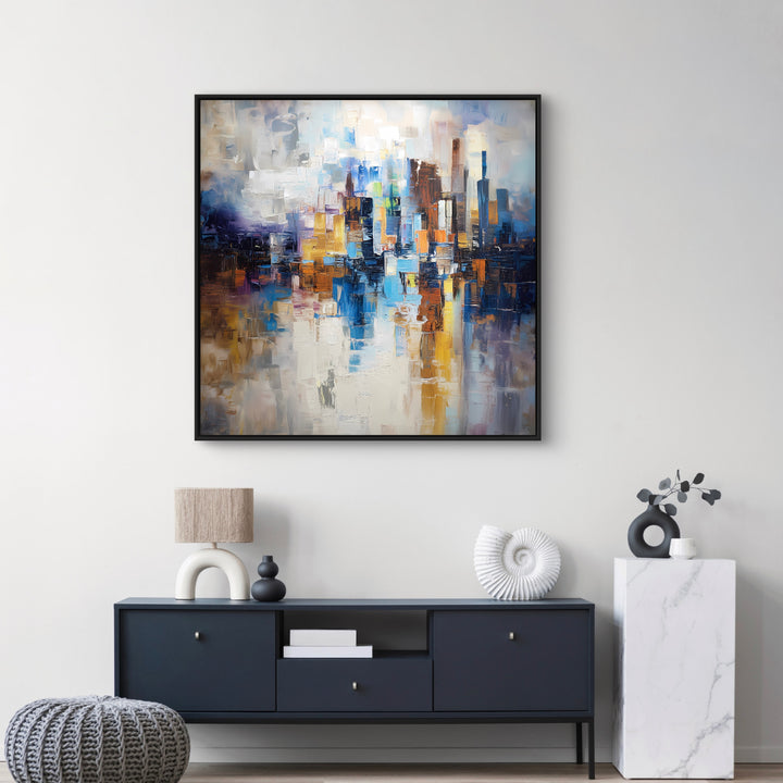 Framed Abstract Cityscape Canvas Wall Art Displayed in a Minimalist Interior with White Wall, Black Console Table, White Marble Side Table and Modern Decorative Accents