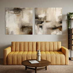 Minimalist Abstract Wall Art with Mustard Sofa, Round Wooden Coffee Table, and Sculptural Vase in a Modern Living Room