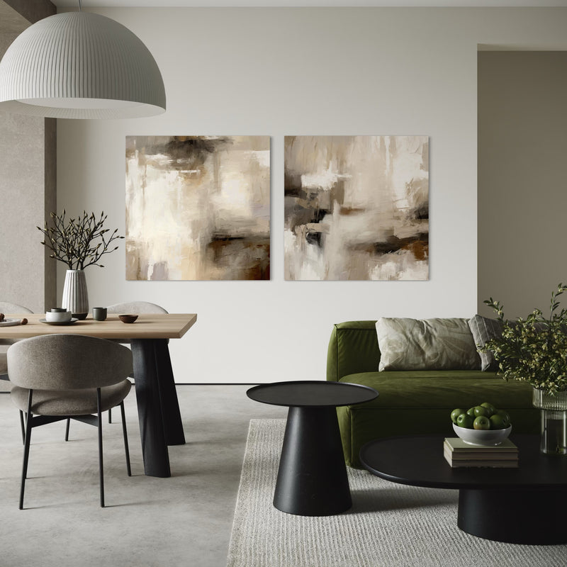 Abstract Canvas Wall Art in Modern Living-Dining Room with Green Velvet Sofa, Round Black Coffee Table, Minimalist Dining Table, and Decorative Ceramic Vases.