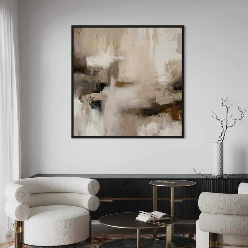 Framed Neutral Abstract Art With Long Black Accent Console Table, White Curve Boucle Chair and Black Round Coffee Table in Minimalist Living Room Interior 