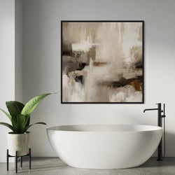 Framed Neutral Abstract Wall Art With Freestanding Oval Bathtub with Modern Black Fixtures and Potted Green Plant in Minimalist Bathroom.