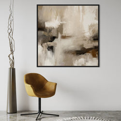 Framed Neutral Abstract Art With Mustard Accent Chair and Tall Decorative Floor Vase in Minimalist Interior with Polished Concrete Floor.