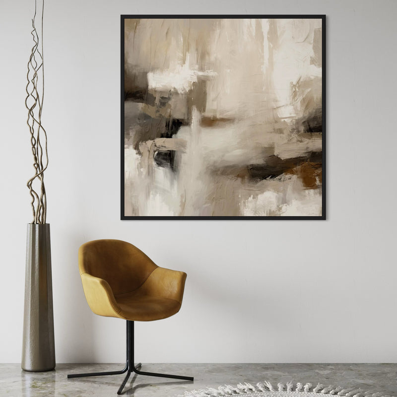 Framed Neutral Abstract Art With Mustard Accent Chair and Tall Decorative Floor Vase in Minimalist Interior with Polished Concrete Floor.