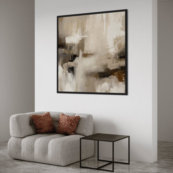 Neutral Abstract Wall Art Above Curved Modern Sofa with Textured Terracotta Cushions in Minimalist Living Room.