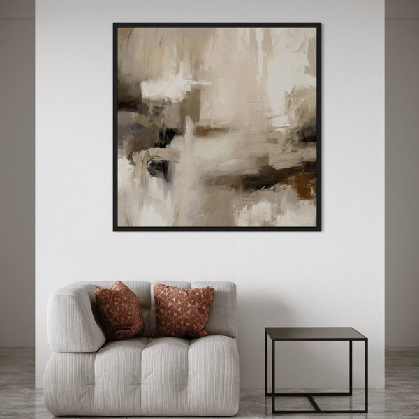 Neutral Abstract Wall Art Above Curved Modern Sofa with Textured Terracotta Cushions in Minimalist Living Room.