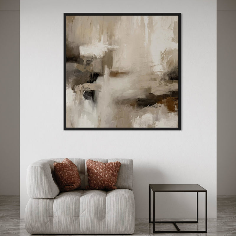 Neutral Abstract Wall Art Above Curved Modern Sofa with Textured Terracotta Cushions in Minimalist Living Room.