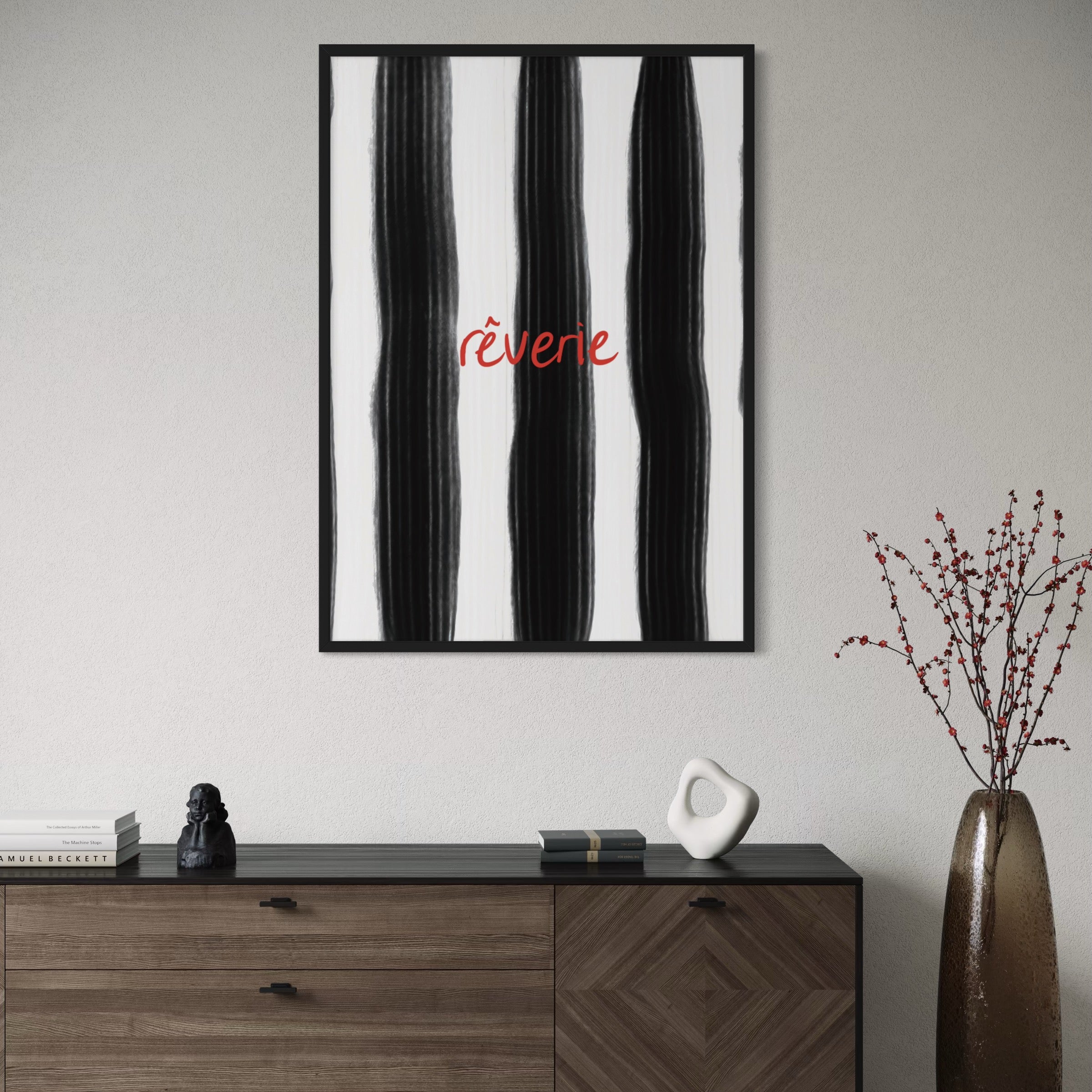Stylish Abstract Framed Wall Art in Living Room With Wooden Console or Sideboard and Decorative Accent