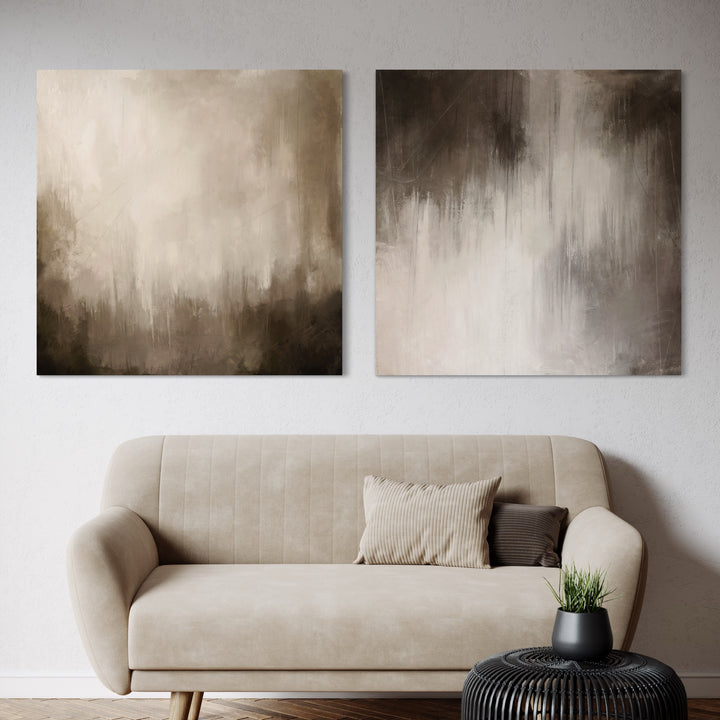 Abstract Canvas Art paired with Cream Velvet Sofa and Pillows, Elegant Black Ratan Coffee Table  in Cozy Minimalist Living Room.