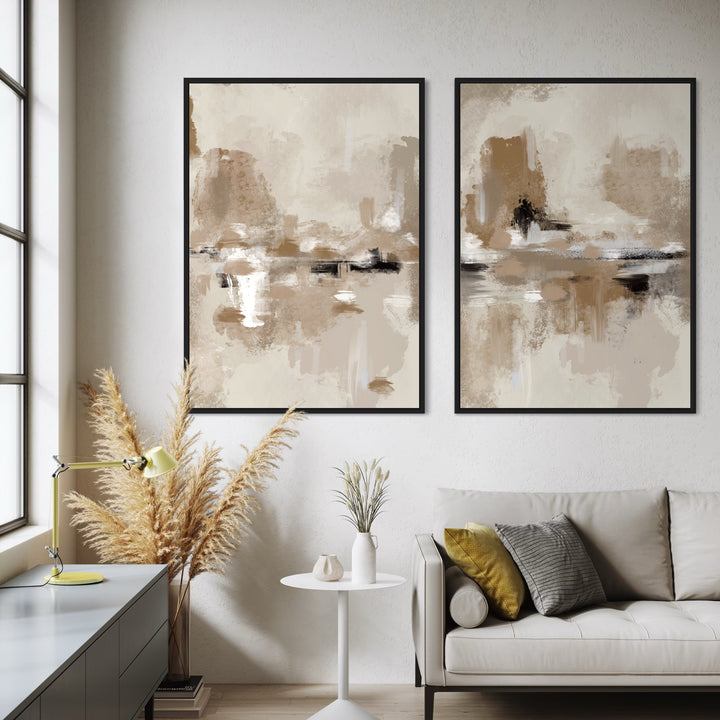 Abstract Canvas Wall Art Diptych Styled With a Taupe Sofa, Mustard Pillow, Pedestal Side Table, Pampas Grass, and Yellow Task Lamp For a Modern Neutral Living Room.