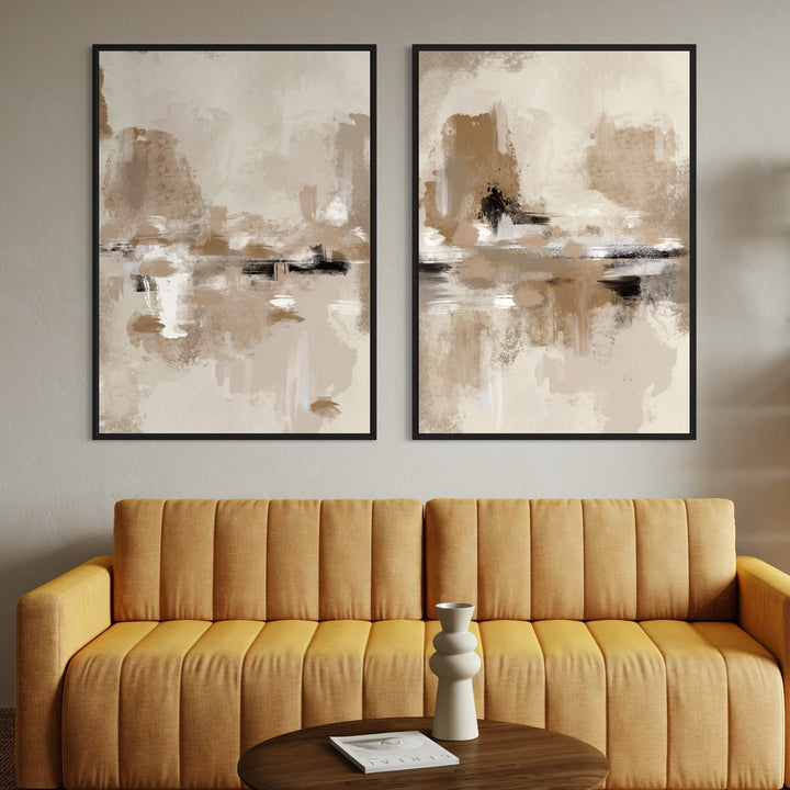 Modern Abstract Canvas Over a Mustard Channel-Tufted Sofa With a Walnut Round Table- Warm, Modern Wall Art Styling For a Neutral Living Room.