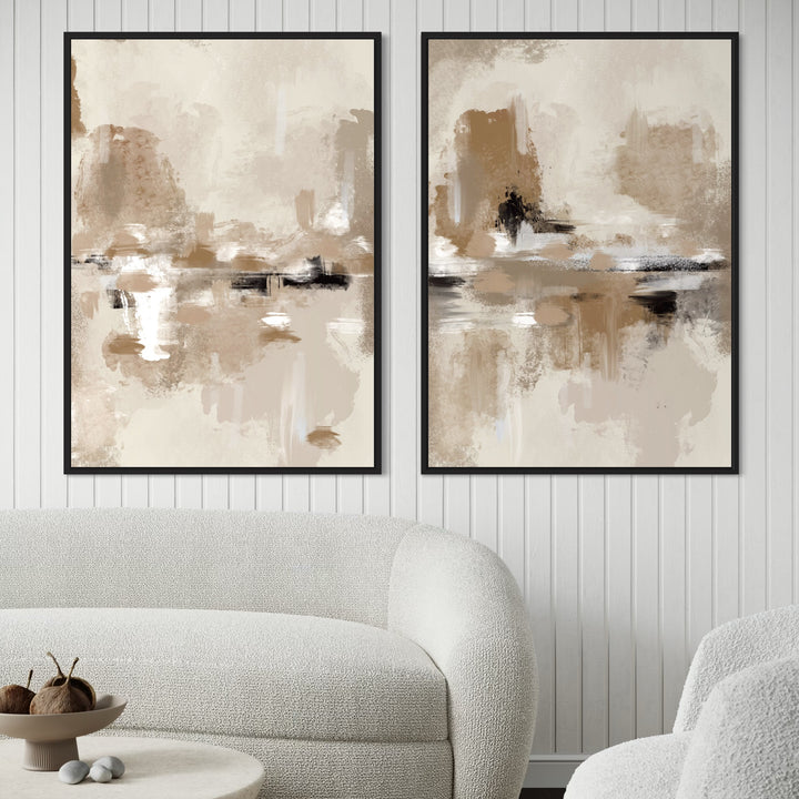 Abstract Neutral Wall Art Over a Curved Boucle Sofa with a Stone Pedestal Table- Perfect For An Airy, Modern Coastal Living Space.