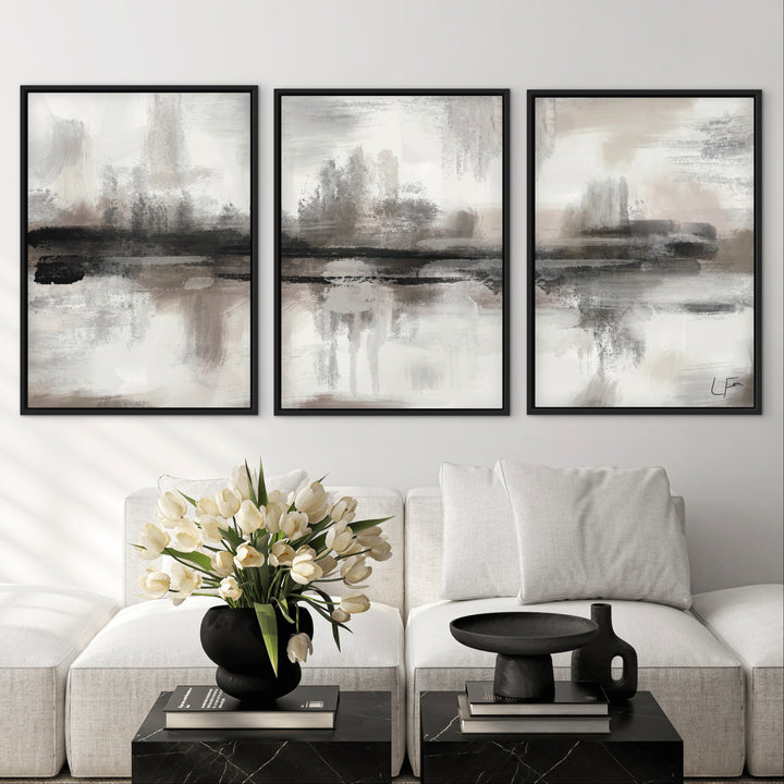 Abstract Canvas Set of 3 - Stone Horizon individual canvas showing grey tonal palette and texture