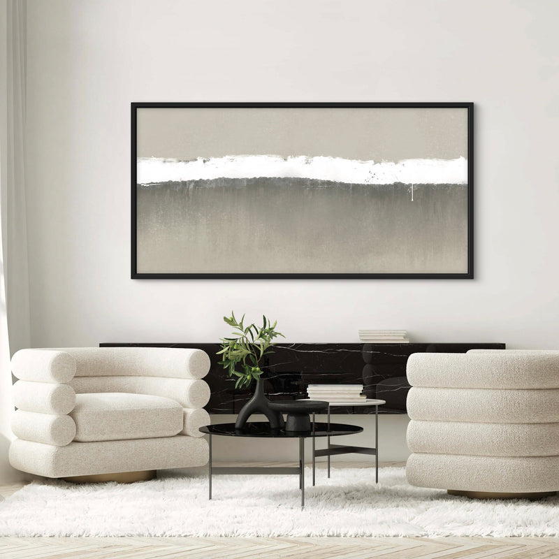 Stylish Abstract Framed Canvas Art in Neutral Living Room with Sculptural Armchairs, Black Console Table, and Textured Decor Accents
