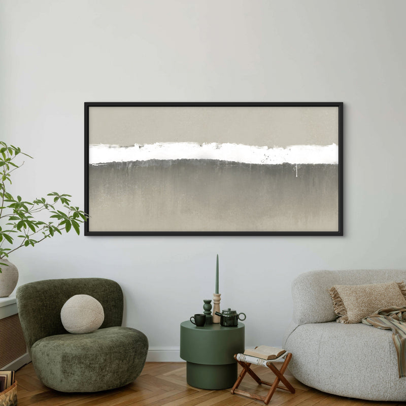 Neutral Horizontal Canvas Wall Art in Earth-Toned Living Space with Curved Lounge Chairs, Green Accent Table, and Natural Decor Elements