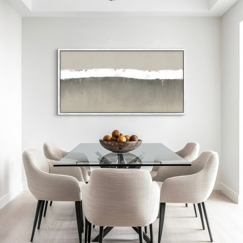 Neutral Abstract Framed Canvas Wall Art in Modern Dining Room with Glass Table, Upholstered Chairs, and Minimalist Decor