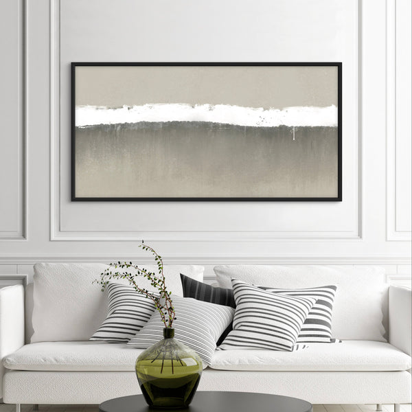 Minimalist Horizontal Framed Canvas Art in Elegant White Living Room with Striped Cushions and Olive Green Glass Vase