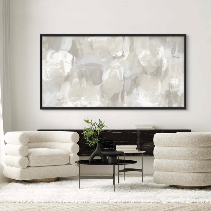 Modern Wall Canvas for Living Room – Styled with Two White Chairs and Black Decorative Accents.