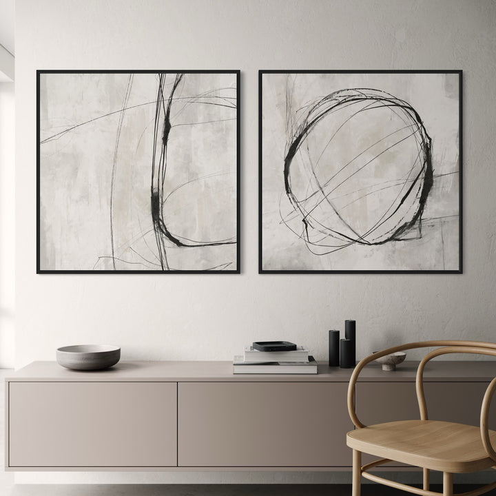 Neutral Line Abstract Wall Art Prints Styled with Taupe Console & Scandinavian Chair Perfect for Japandi Wall Decor Inspiration