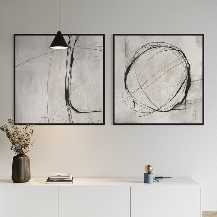 Neutral Line Abstract Wall Art Prints Paired with Sleek Console & Organic Decor Perfect For Modern Neutral Entryway or Hallway Design