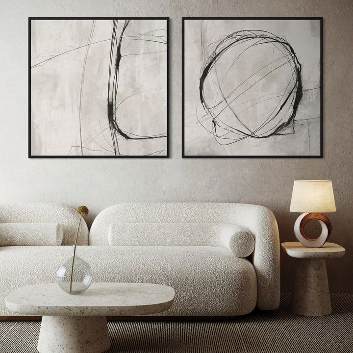 Neutral Line Abstract Wall Art Prints Paired with Curved Bouclé Sofa and Terrazzo-Inspired Accent Furniture Perfect for Modern Organic Living Room