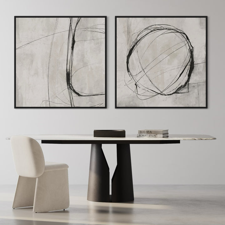 Neutral Line Abstract Wall Art Prints Styled with Marble and Black Metal Dining Table, Armless Curved Back Chair Perfect For Dining room or Office Meeting Space