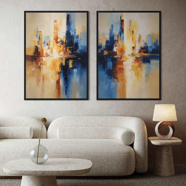 Elegant Abstract Canvas Wall Art Paired with Cream Boucle Chairs, Stone Marble Center Table, Minimalist Circular Lamp in a Modern Luxe Interior.