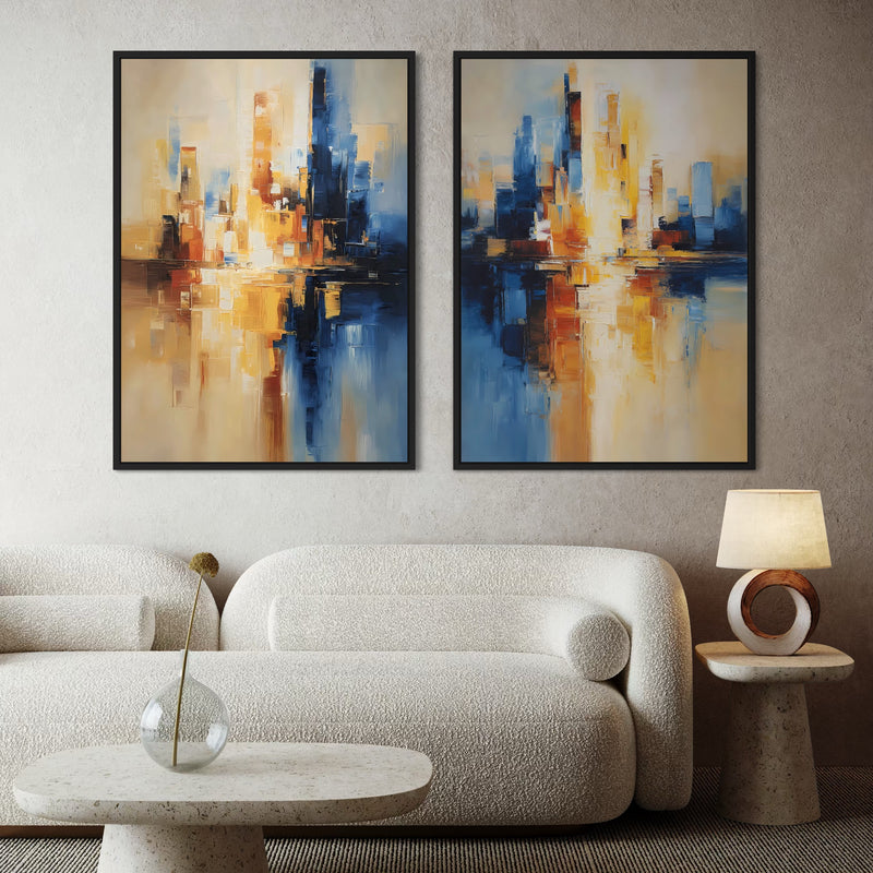 Elegant Abstract Canvas Wall Art Paired with Cream Boucle Chairs, Stone Marble Center Table, Minimalist Circular Lamp in a Modern Luxe Interior.