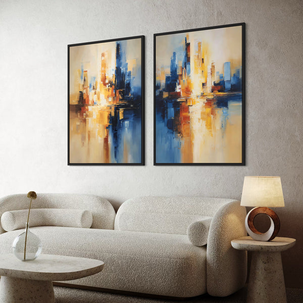 Elegant Abstract Canvas Wall Art Paired with Cream Boucle Chairs, Stone Marble Center Table, Minimalist Circular Lamp in a Modern Luxe Interior.