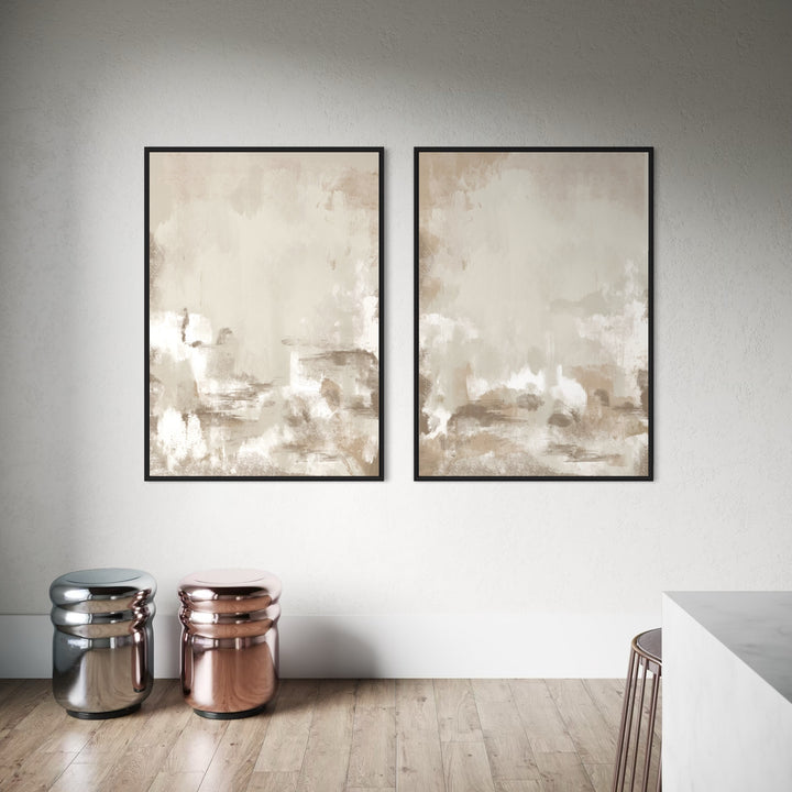 Cozy Abstract Canvas Set Styled With Chrome And Rose-Gold Stools And a White Marble Counter, Calm, Minimalist Art For a Modern Dining Nook.