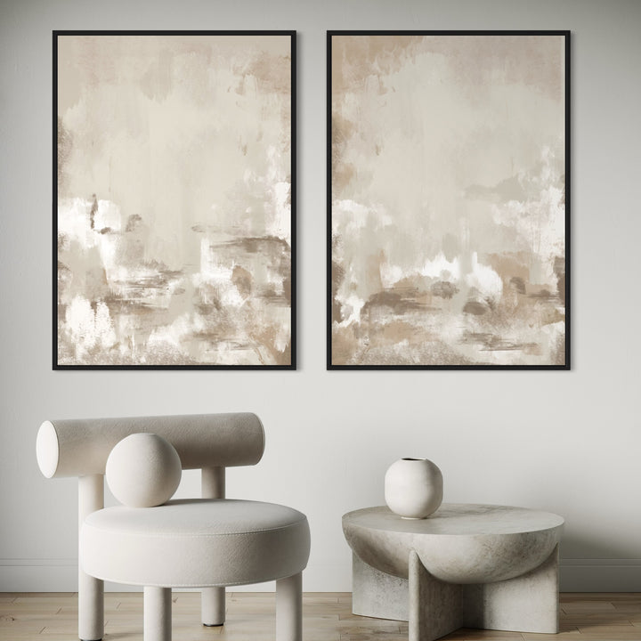 Modern Abstract Framed Canvas Set Styled With a Sculptural Cream Chair And Curved Stone Table, Perfect modern Minimalist Nook.