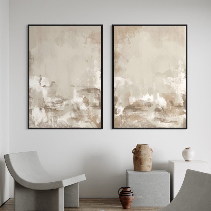 Neutral Abstract Canvas Set Styled With Sculptural Concrete Chairs And Stone Pedestals- Calm, Sun-Washed Wall Art to Elevate a Minimalist, Gallery-Style Seating Area