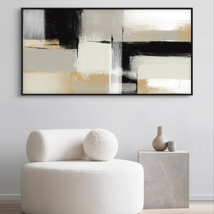 Minimalist Abstract Art Wall Styled with Cream Bouclé Lounge Chair with Round Pillow, Gray Marble Cube Side Table, and Taupe & Gray Ceramic Vases. Perfect for Contemporary Reading Nook.