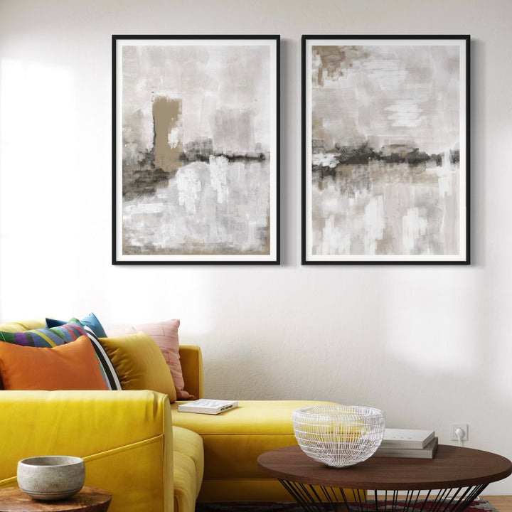 Abstract Art Print Styled With A Bright Yellow Sectional, Colorful Throw Pillows, Round Wood Coffee Table, And A White Wire Bowl. Perfect For A Minimalist Living Room.