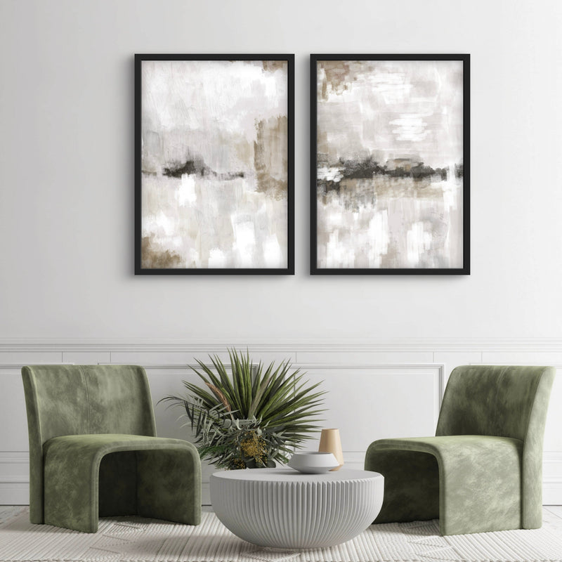 Abstract Art Print in Styled With Olive Green Lounge Chairs, A Fluted Round Coffee Table, Paneled White Walls, And A Textured Neutral Rug. Perfect For A Minimalist Living Room Or Conversation Nook.