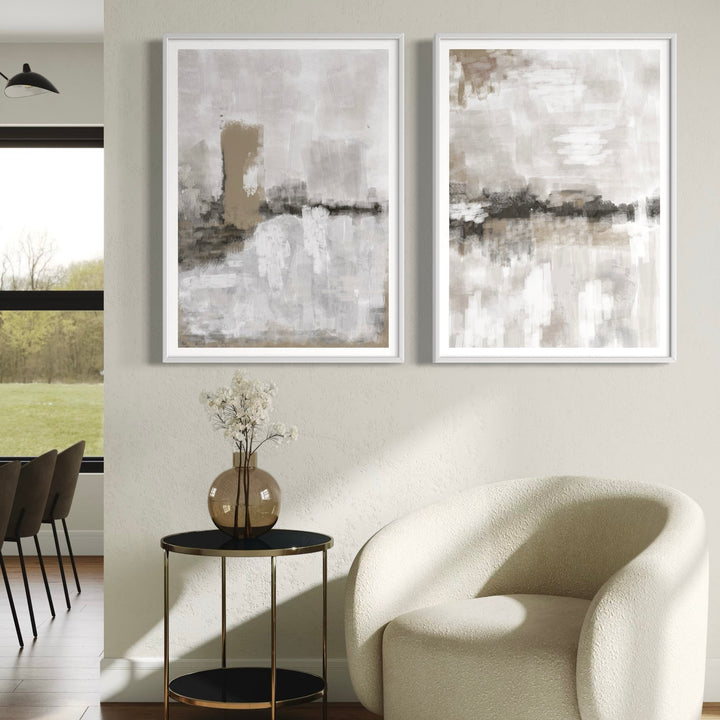 Abstract Art Print Styled With White Frames, A Cream Bouclé Accent Chair, Black-And-Brass Round Side Table With Glass Vase, And Sunlit Neutral Walls. Perfect For A Minimalist Living Room Or Reading Nook.
