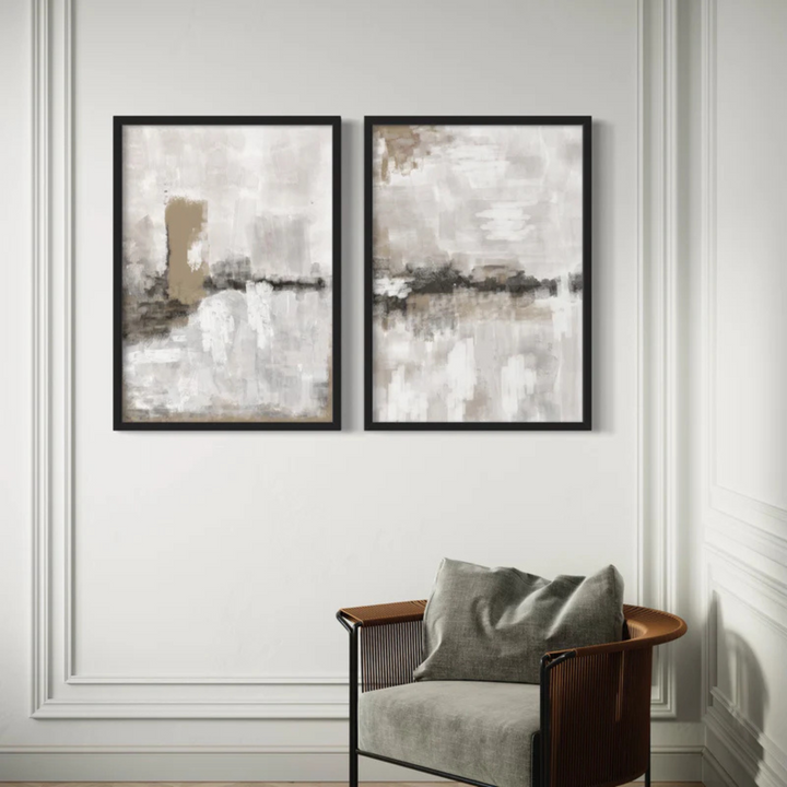 Abstract Art Print Styled With Classic Wall Paneling, Cognac-And-Black Accent Chair, And Herringbone Wood Floors. Perfect For A Minimalist Living Room Or Reading Nook.