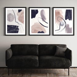 Abstract Art set of 3 prints - Purple, Navy & White