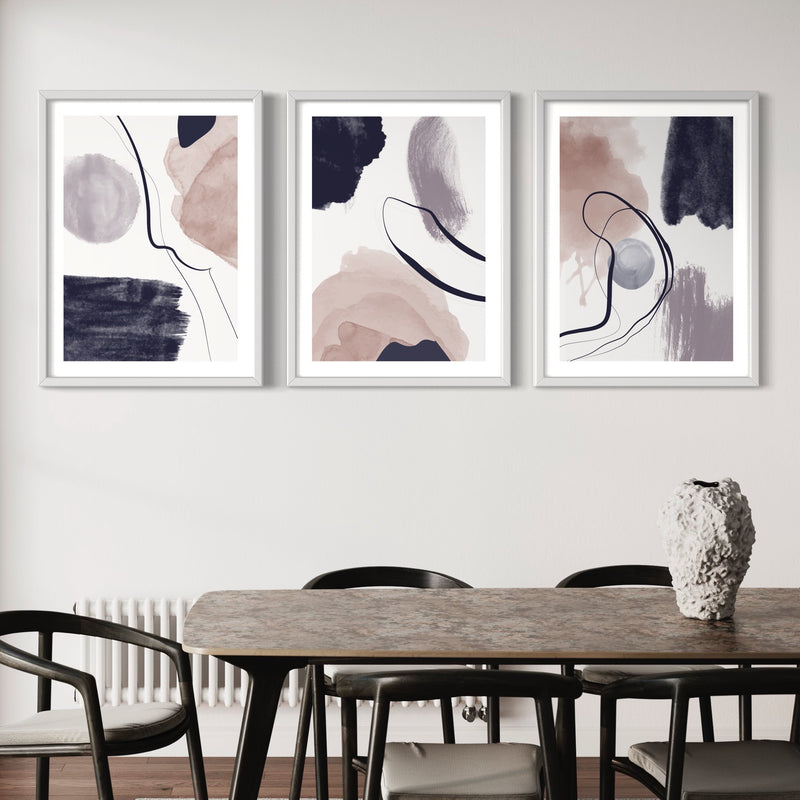 Abstract Art set of 3 prints - Purple, Navy & White